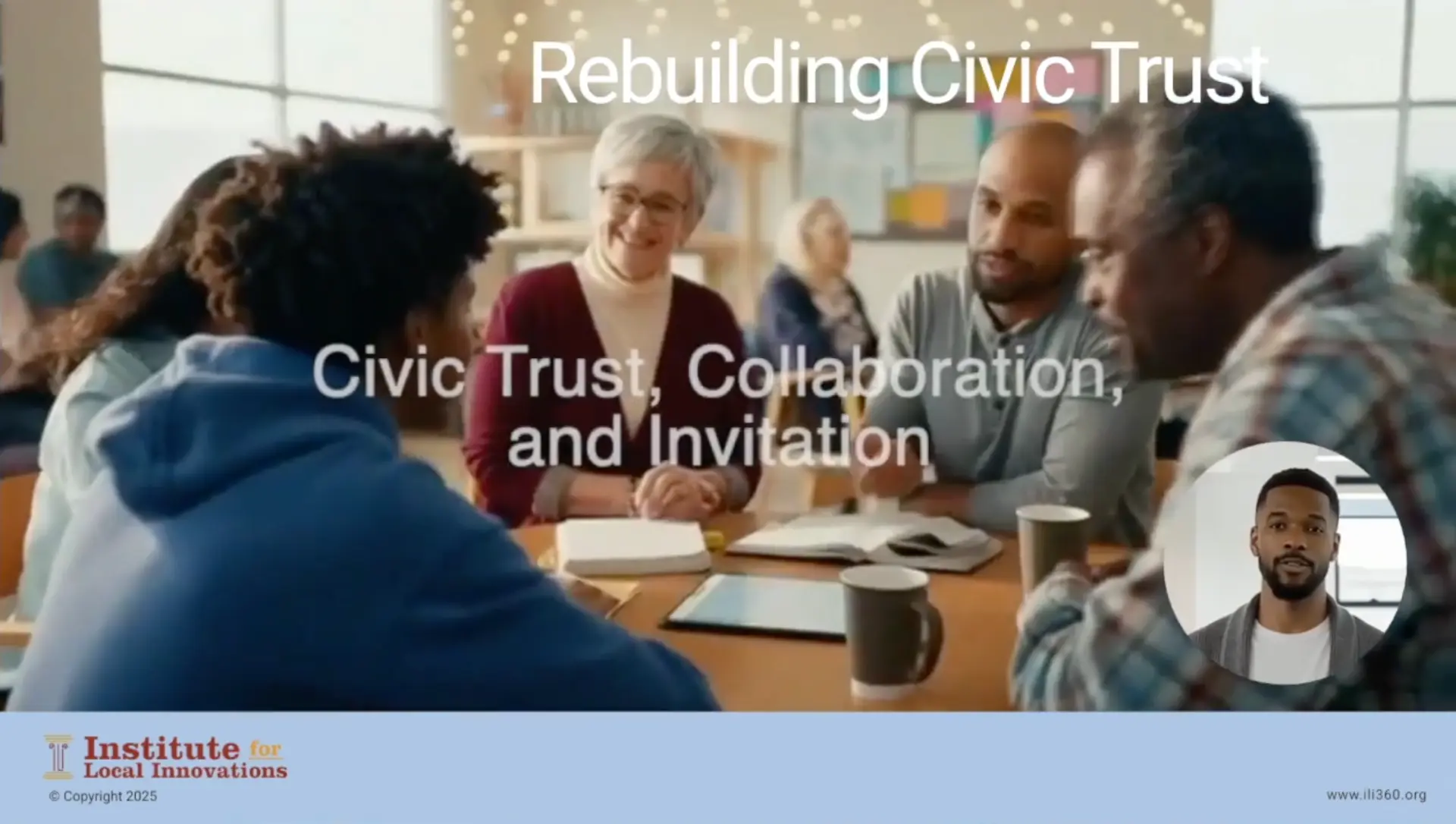 Rebuilding Civic Trust — civic trust, collaboration, and invitation, with people talking around a table