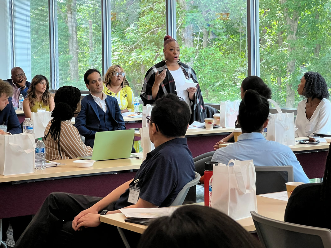 Standing participant addressing a table of workshop attendees beside the windows