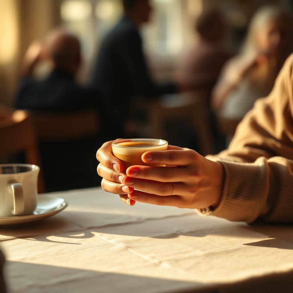 Hands holding a small cup of coffee at a linen-covered table, warm light, quiet conversation in the background.